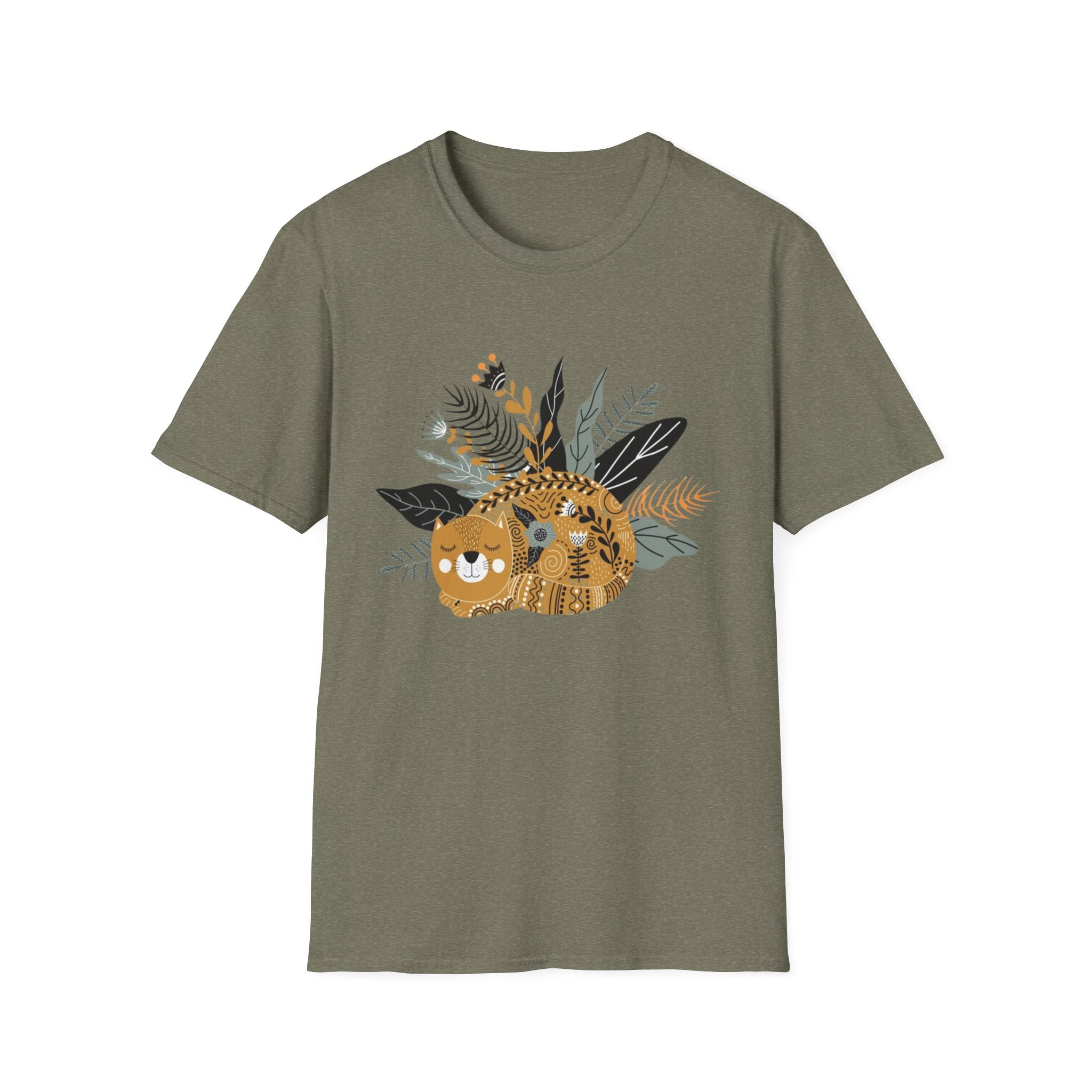 Cat Floral Tee — Cozy Patterned Cat with Botanical Leaves T-Shirt