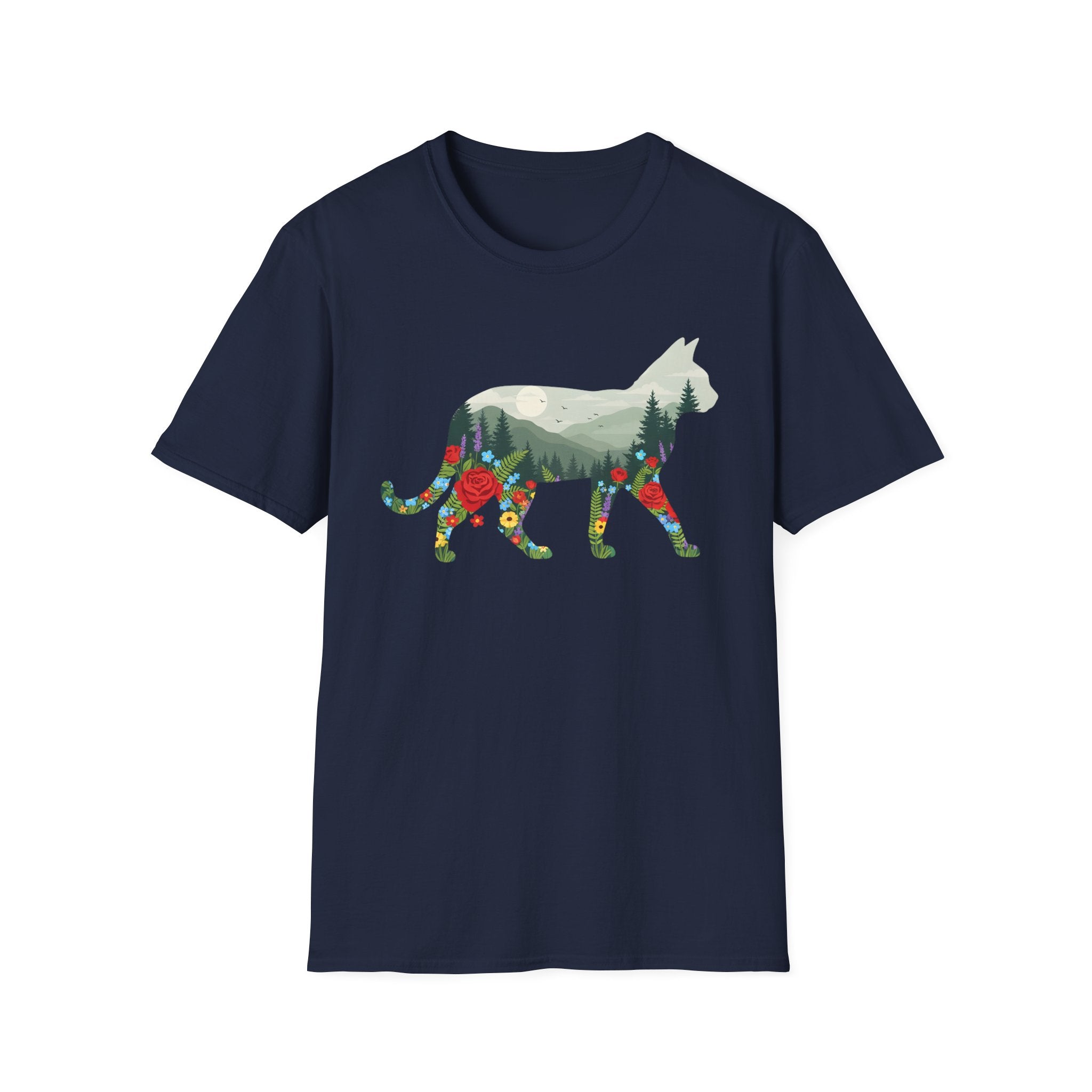 Cat Nature Silhouette T-Shirt — Floral Mountain Landscape Cat Tee
