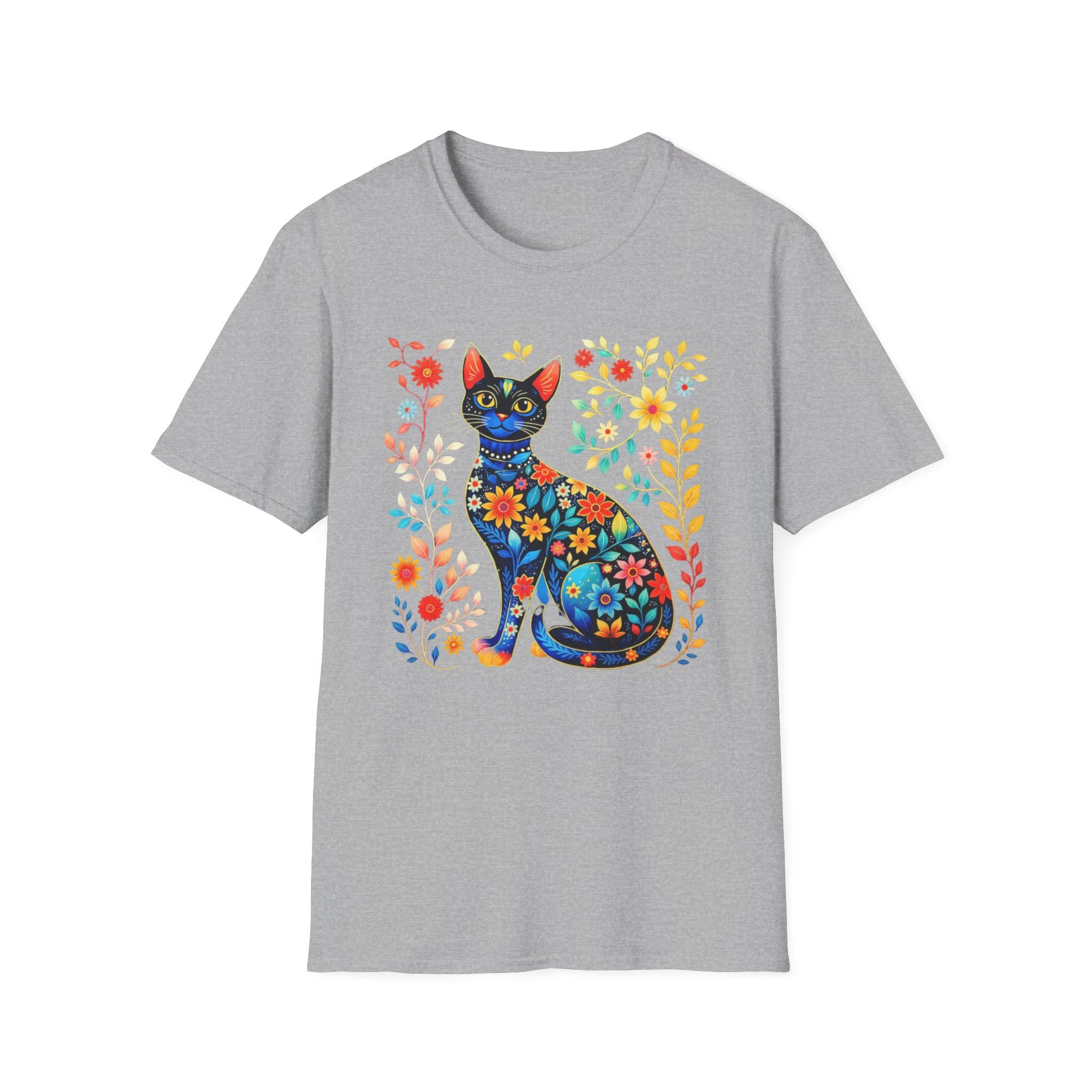Floral Folk Art Cat T-Shirt — Colorful Boho Cat Tee