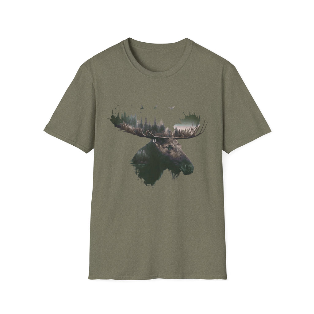Moose Silhouette T-Shirt — Forest Double-Exposure Wildlife Tee