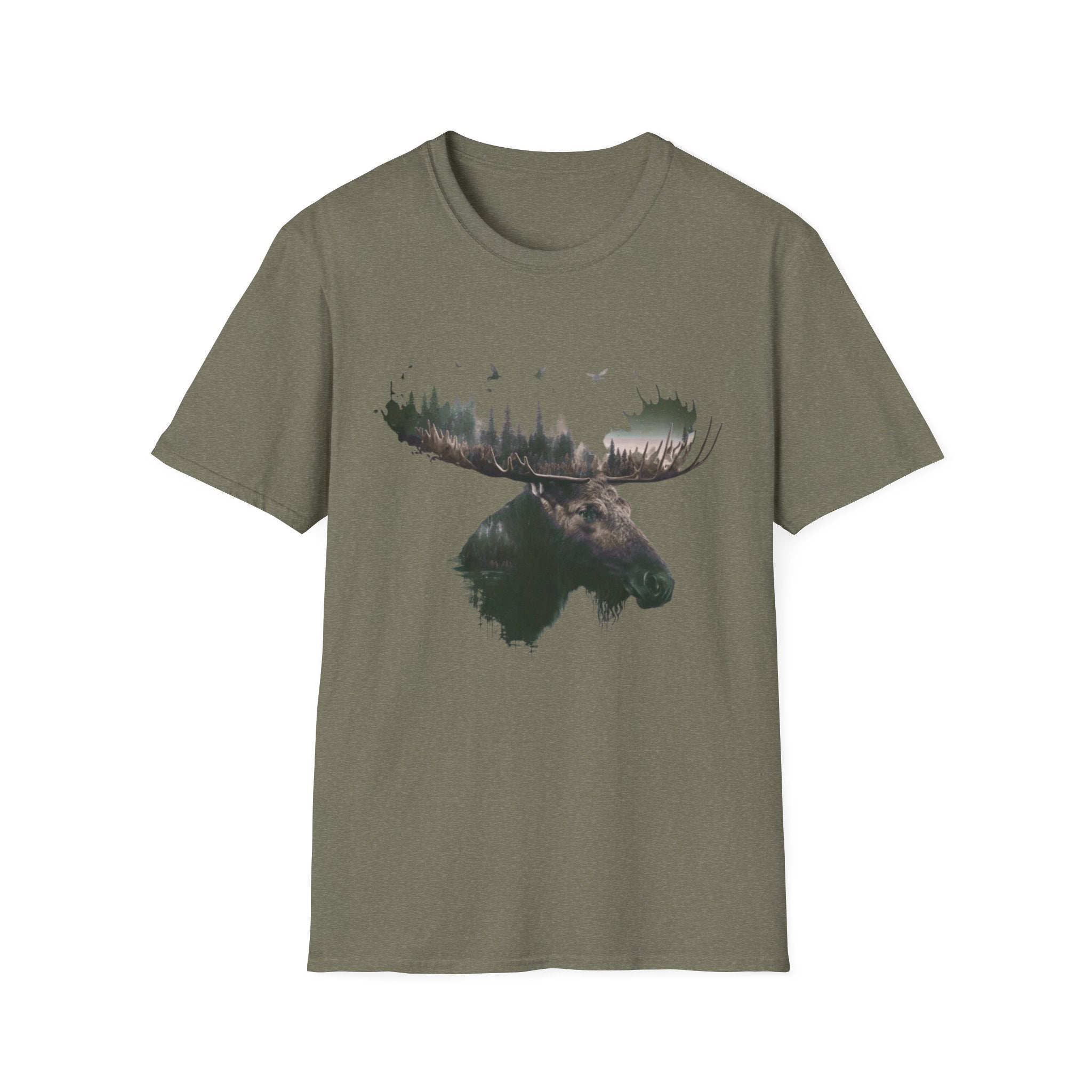 Moose Silhouette T-Shirt — Forest Double-Exposure Wildlife Tee