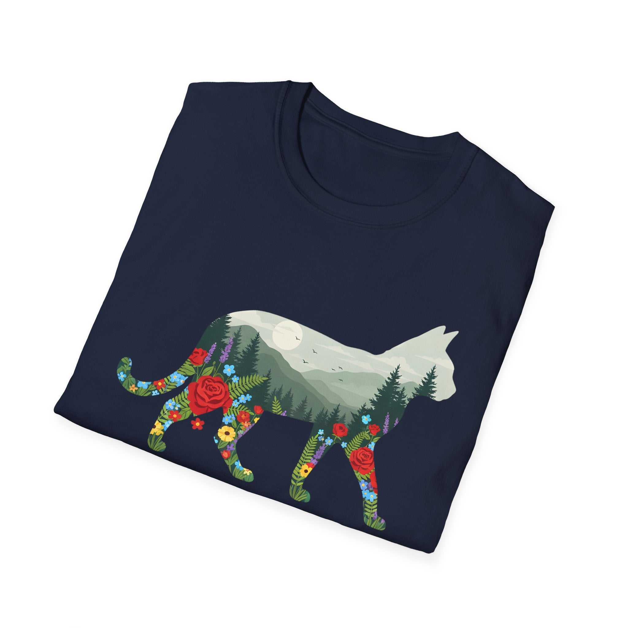 Cat Nature Silhouette T-Shirt — Floral Mountain Landscape Cat Tee