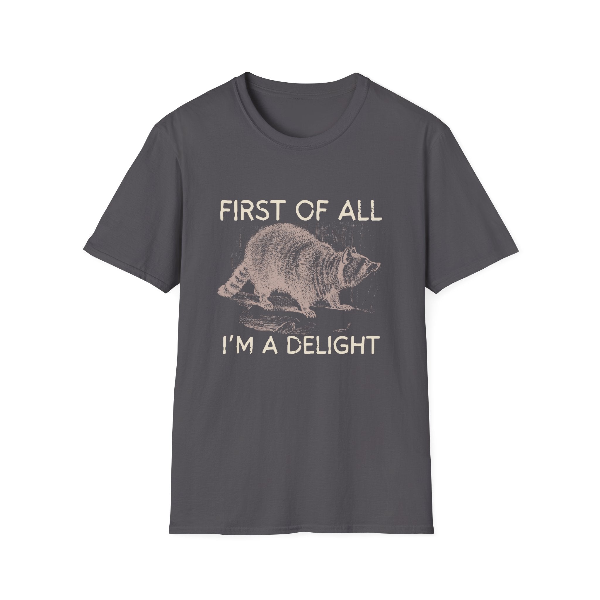 T-Shirt — “First Of All I’m A Delight” Raccoon Vintage Graphic Tee