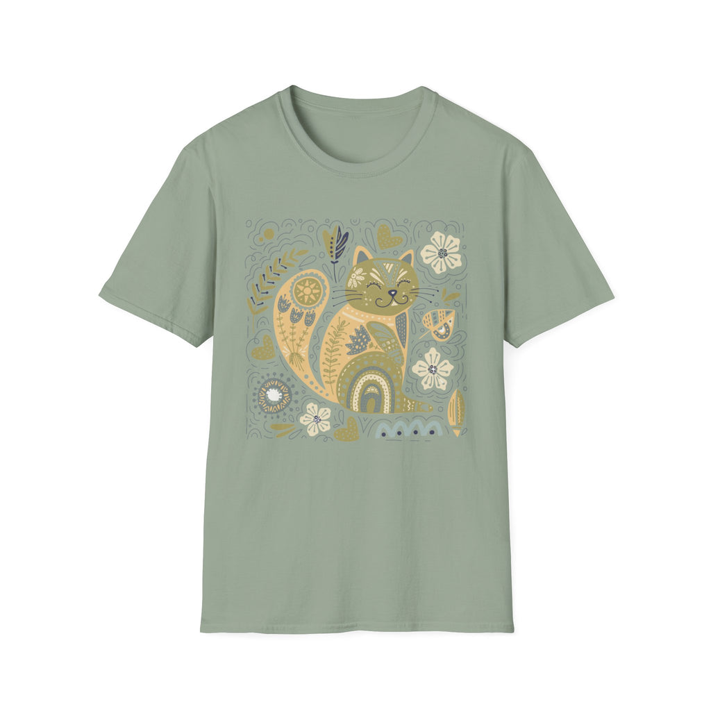 Folk Art Cat T-Shirt — Whimsical Floral Kitty Tee