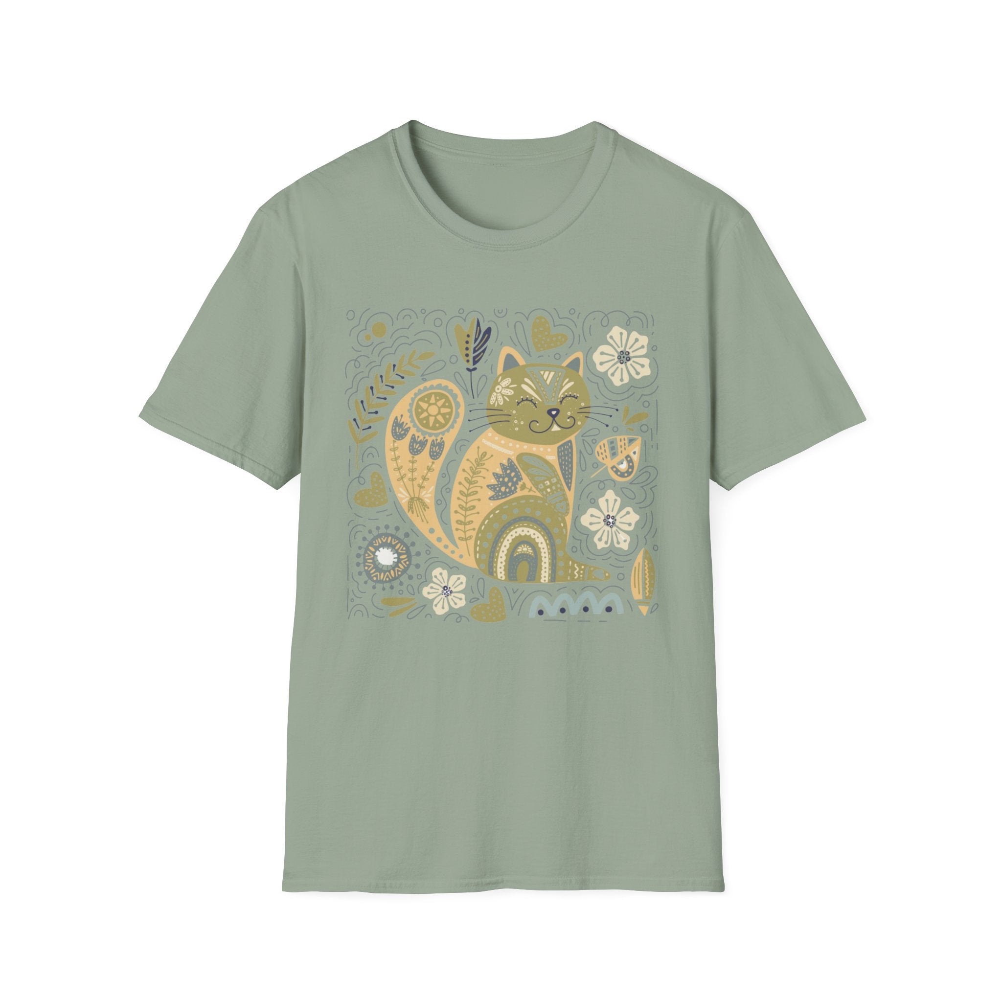 Folk Art Cat T-Shirt — Whimsical Floral Kitty Tee