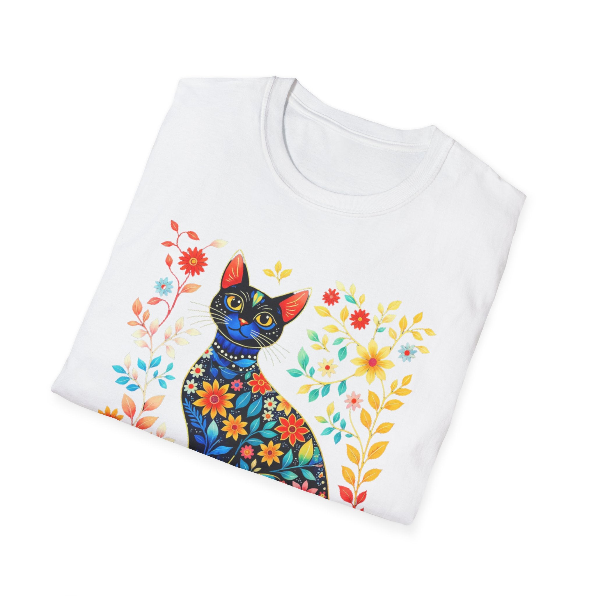 Floral Folk Art Cat T-Shirt — Colorful Boho Cat Tee