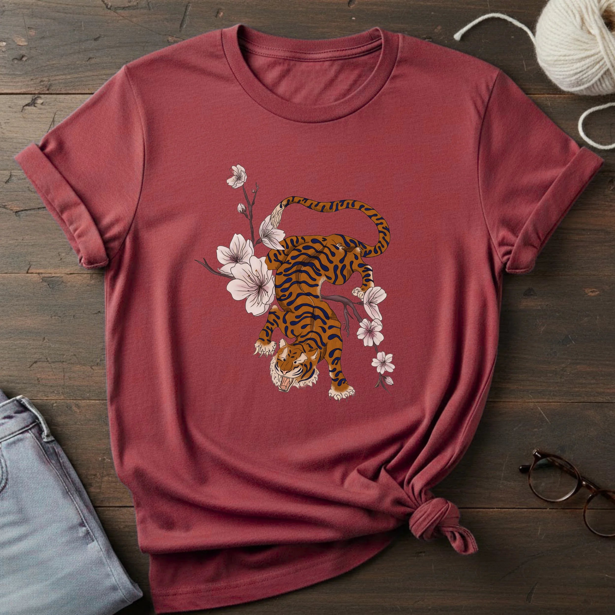 Tiger & Cherry Blossom Graphic T‑Shirt — Vintage Japanese Style Tee