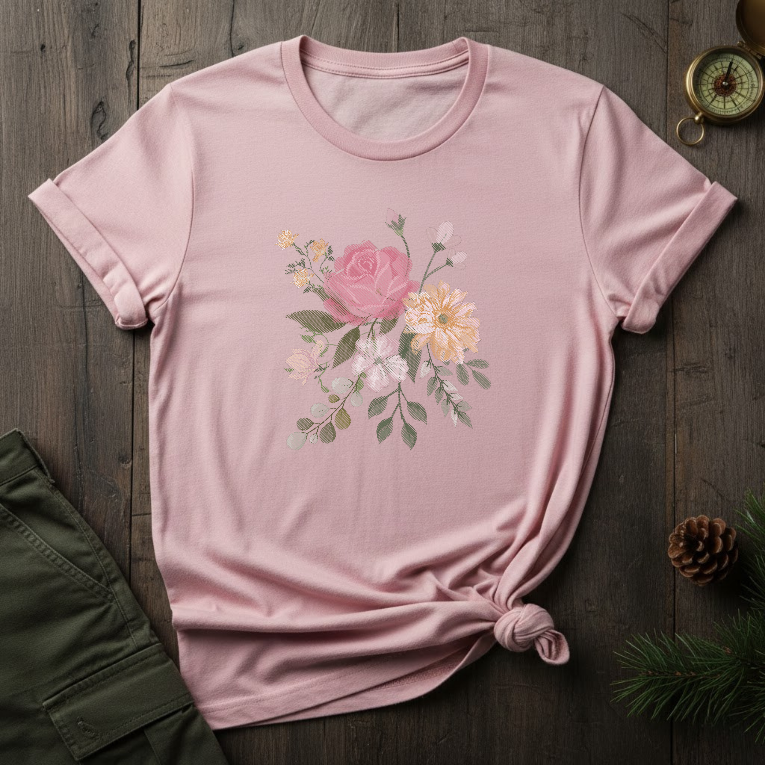 Floral Watercolor Bouquet T-Shirt — Soft Vintage Rose Graphic Tee