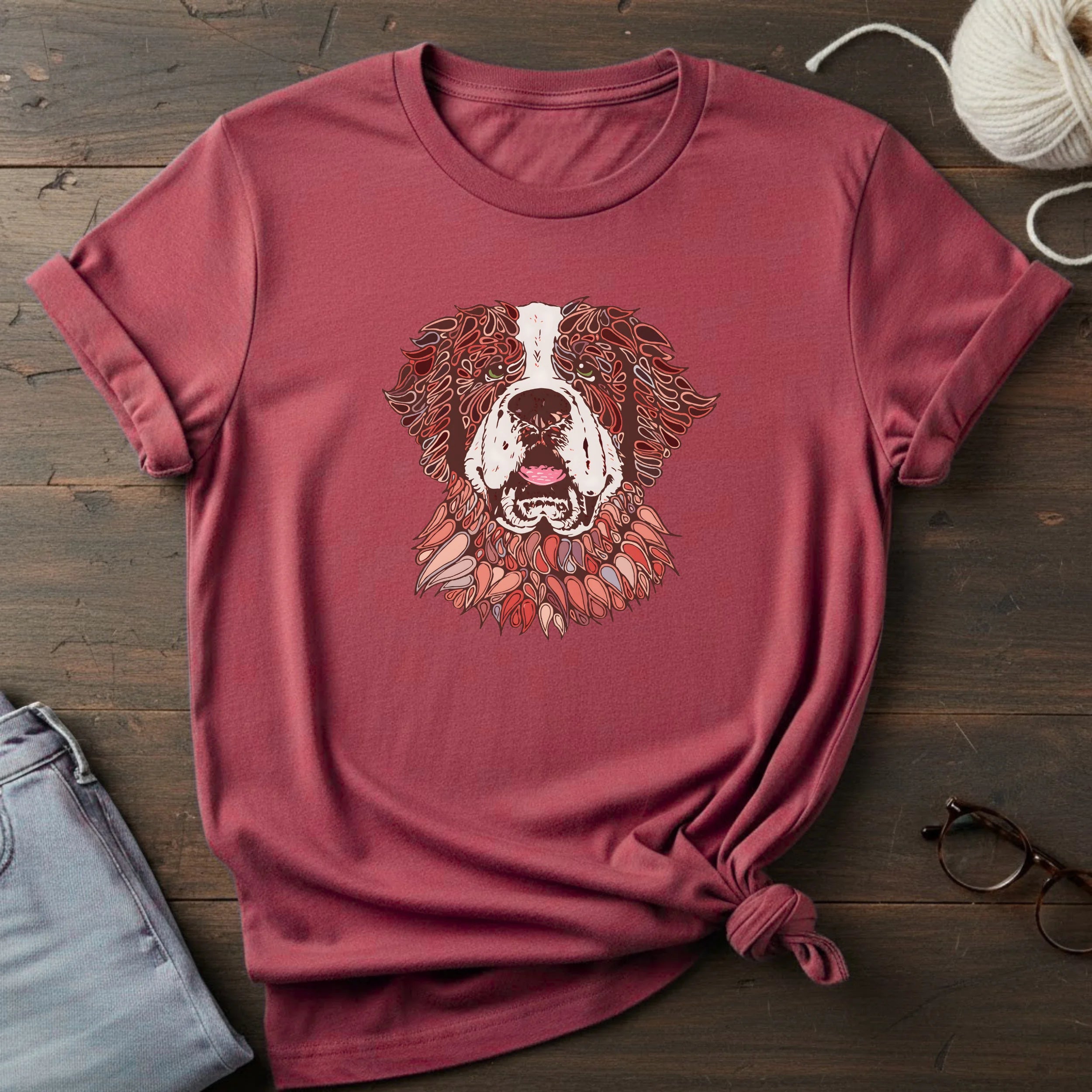 Saint Bernard Floral Portrait T-Shirt — Rustic Dog Lover Tee