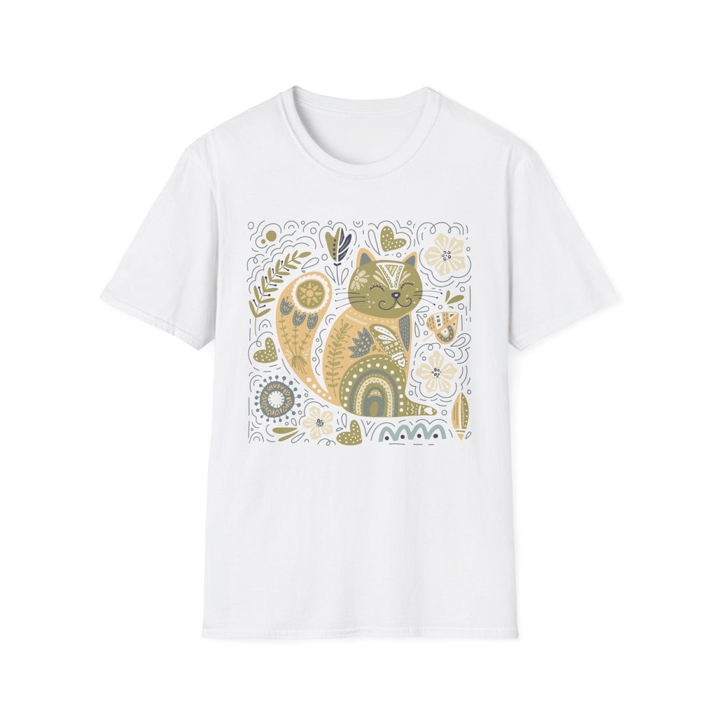 Folk Art Cat T-Shirt — Whimsical Floral Kitty Tee