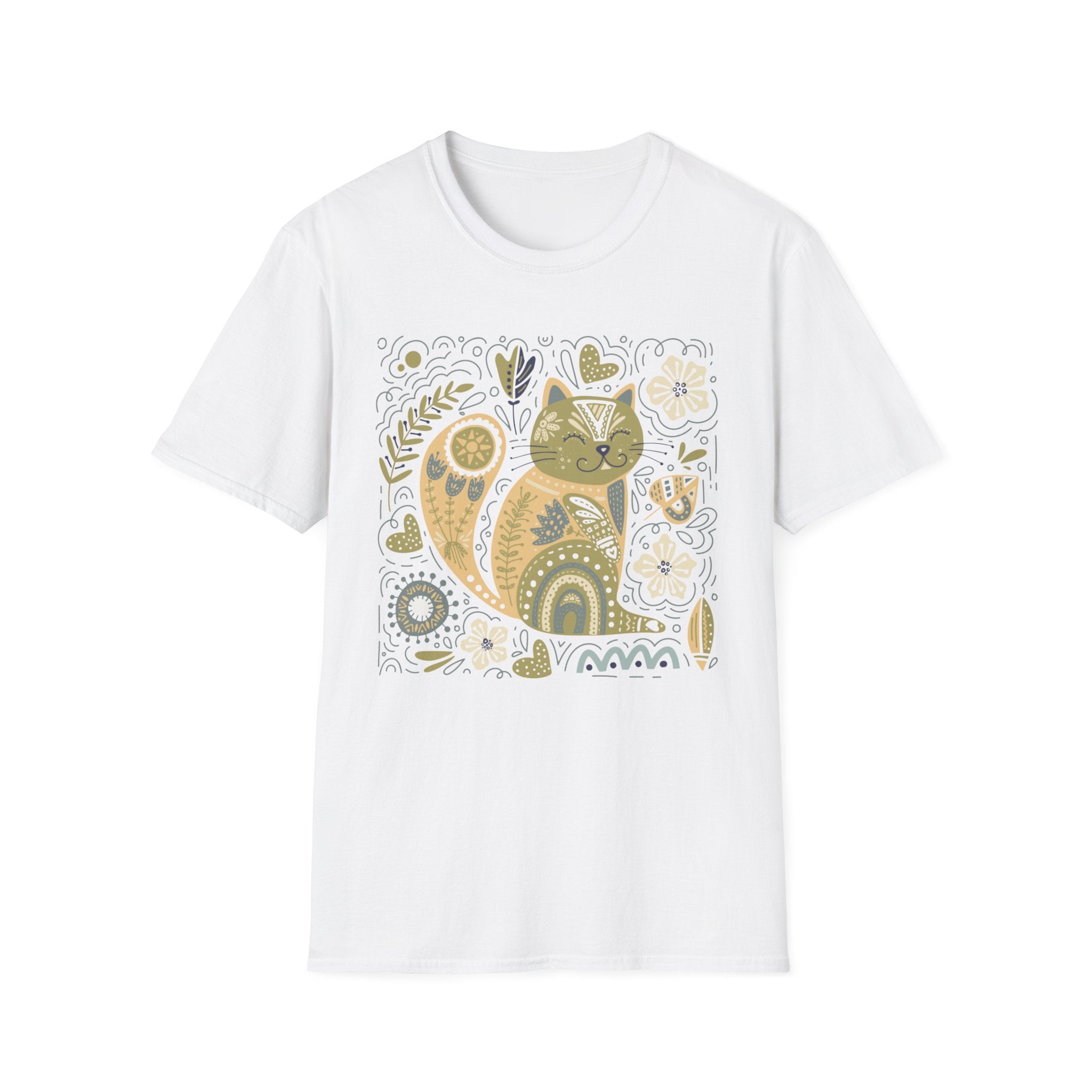 Folk Art Cat T-Shirt — Whimsical Floral Kitty Tee