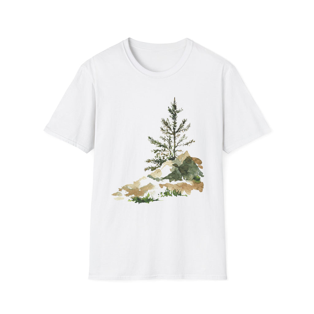 Nature Mountain T-Shirt — Watercolor Pine Tree Landscape