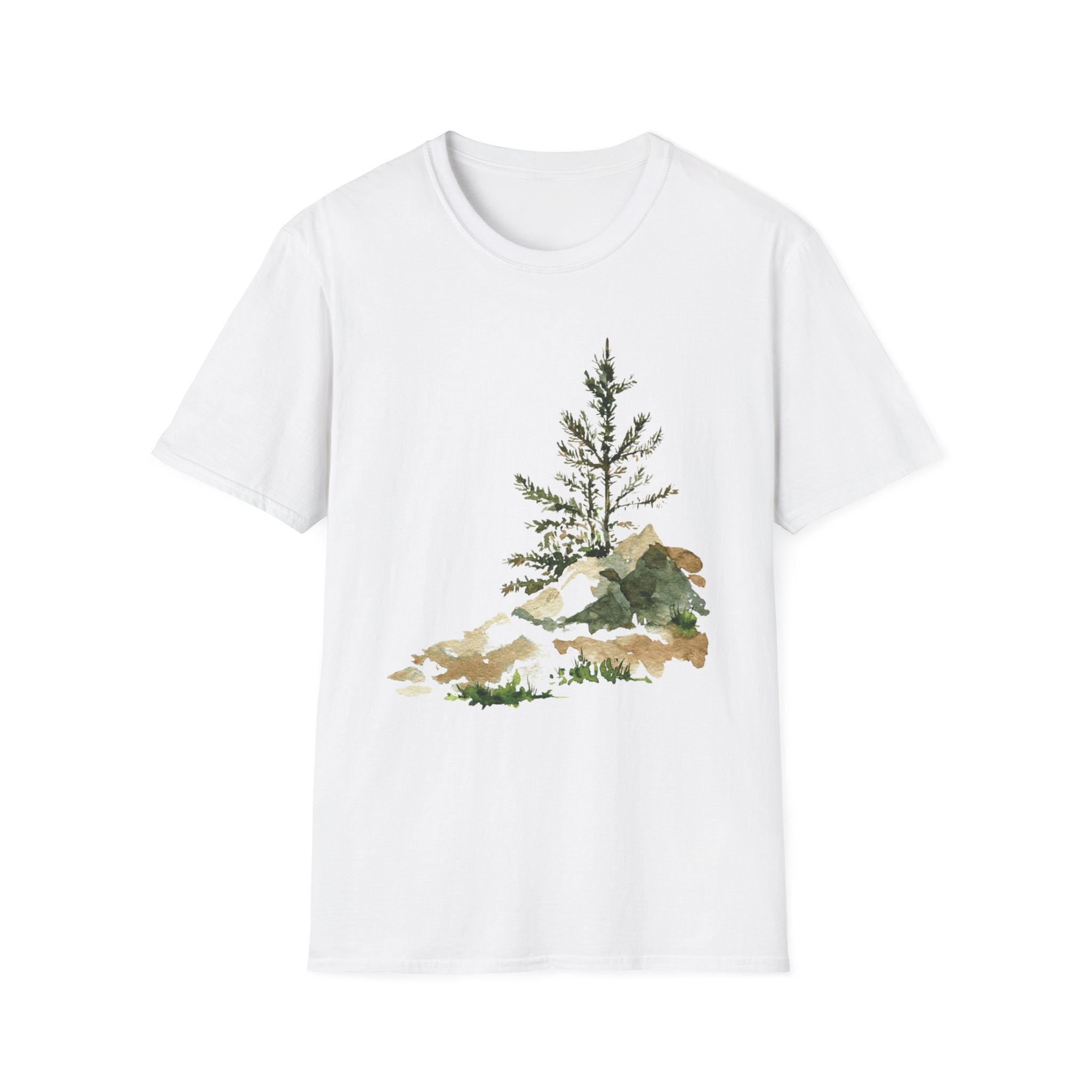 Nature Mountain T-Shirt — Watercolor Pine Tree Landscape