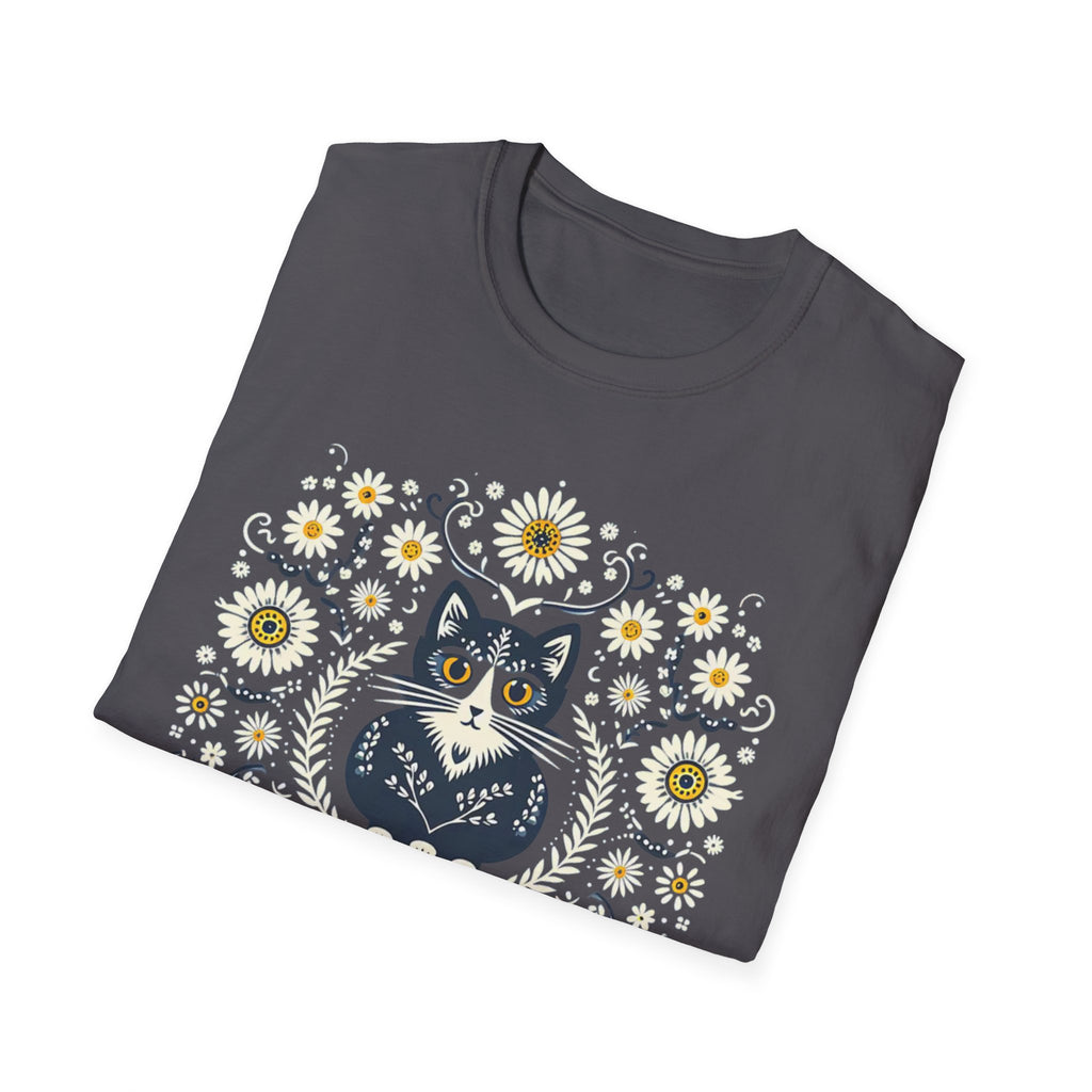 Cat Floral T-Shirt — Folk Art Kitty with Daisies