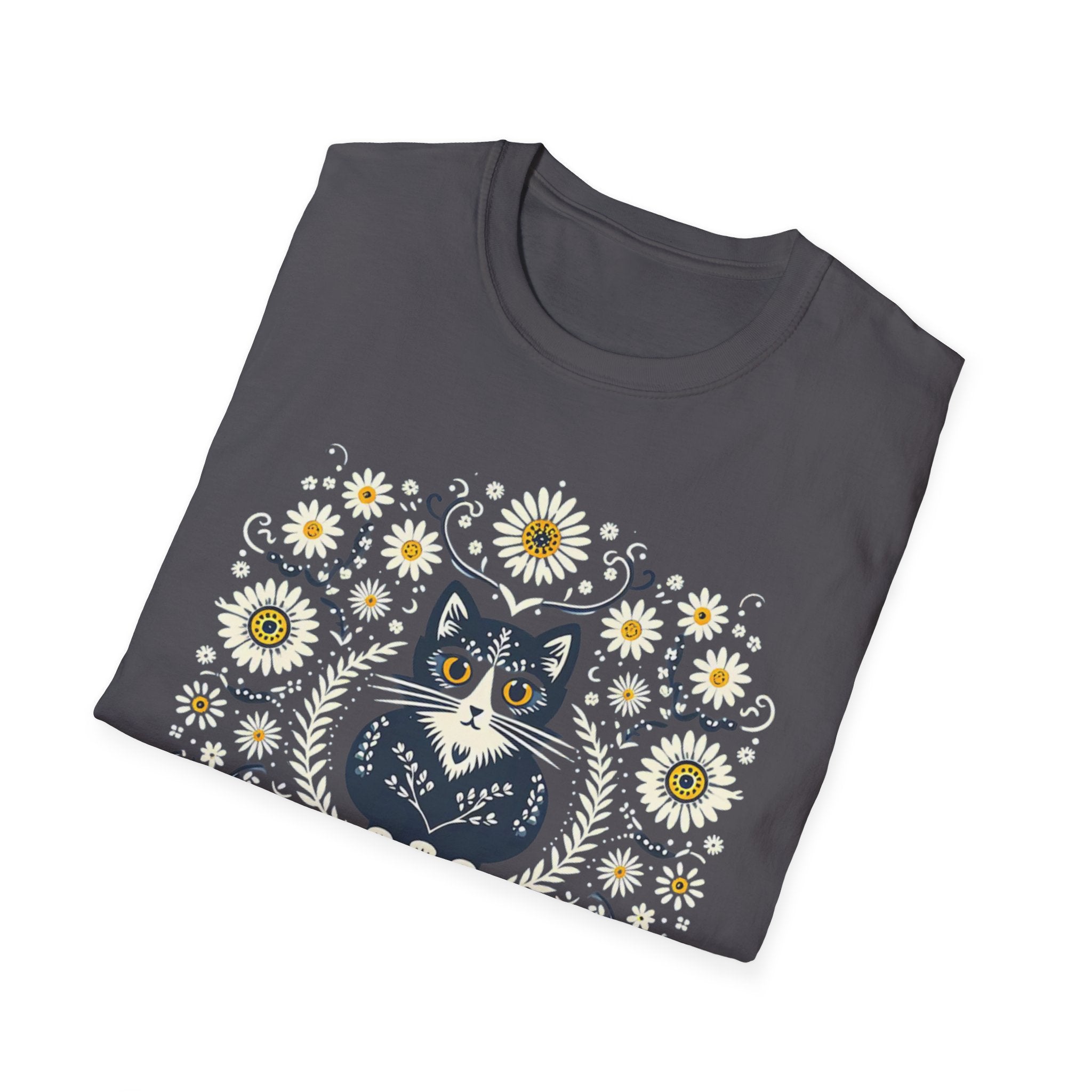 Cat Floral T-Shirt — Folk Art Kitty with Daisies