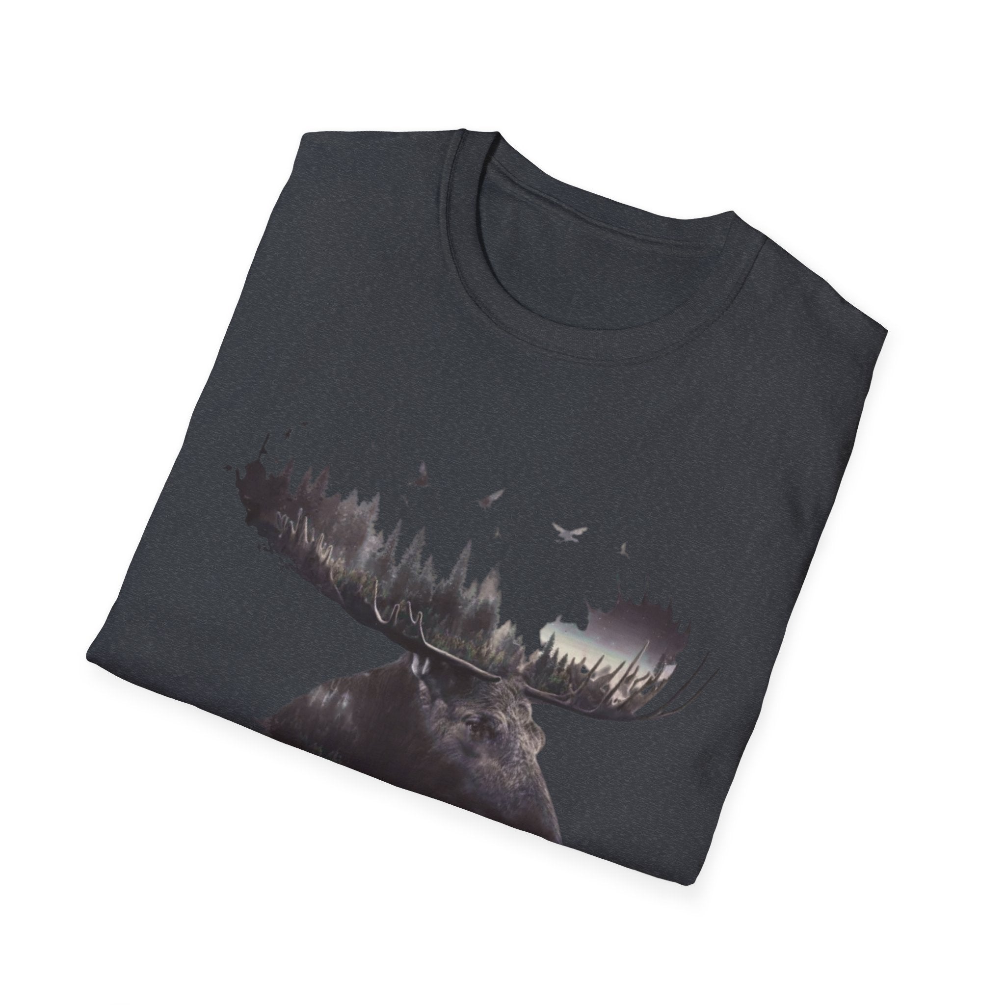 Moose Silhouette T-Shirt — Forest Double-Exposure Wildlife Tee