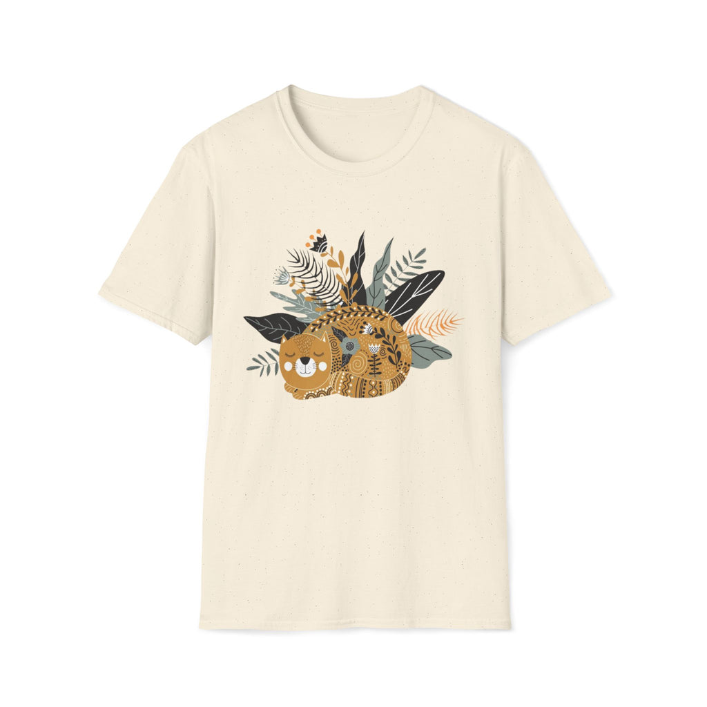 Cat Floral Tee — Cozy Patterned Cat with Botanical Leaves T-Shirt