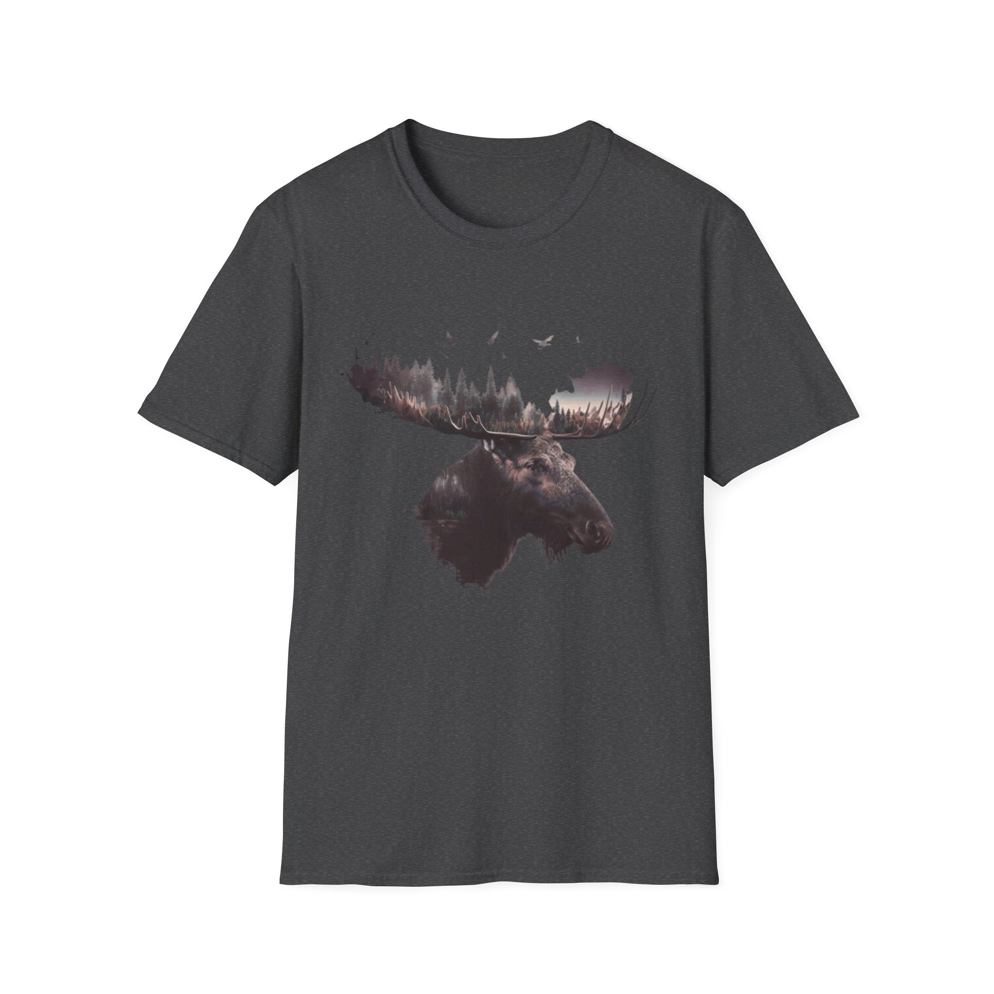 Moose Silhouette T-Shirt — Forest Double-Exposure Wildlife Tee