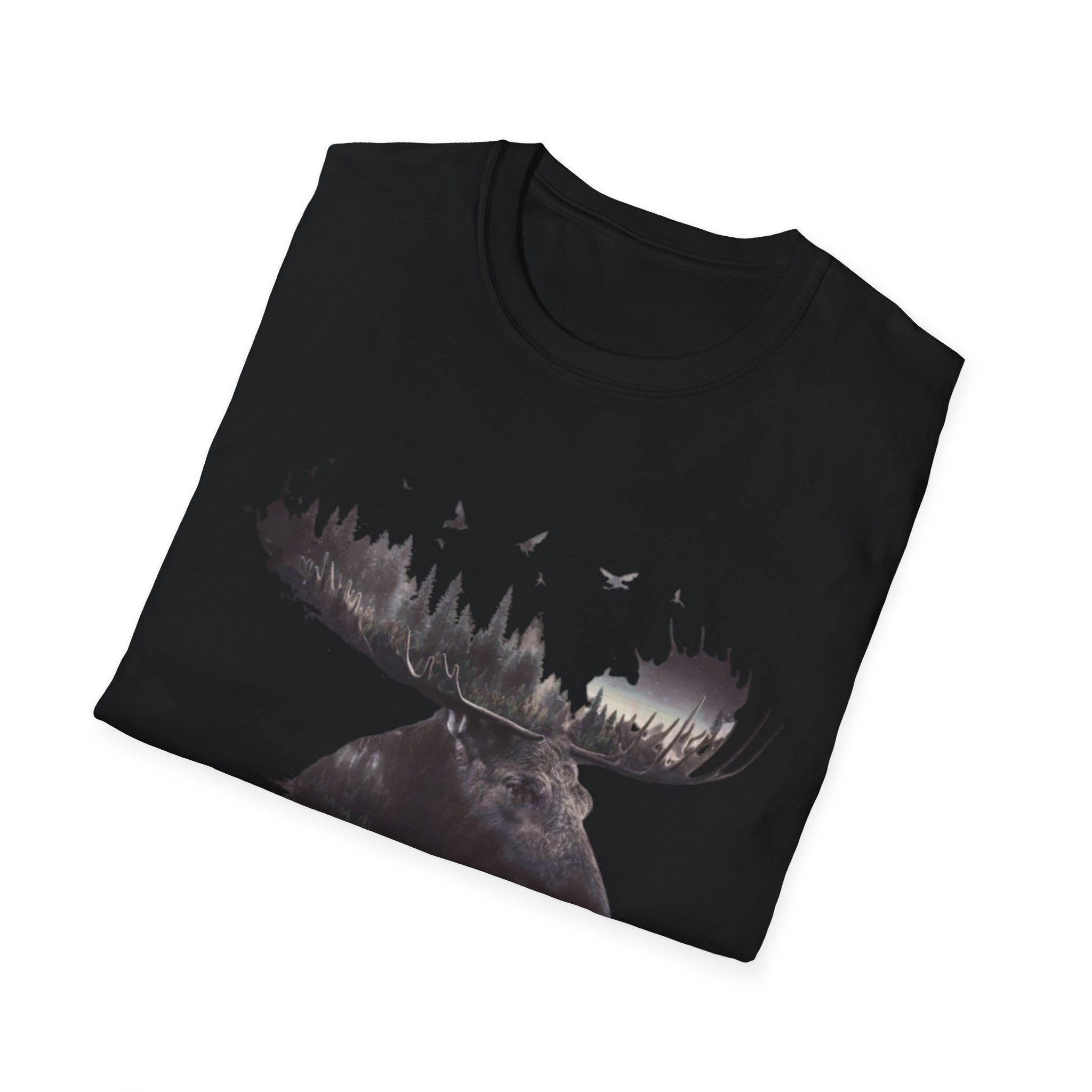 Moose Silhouette T-Shirt — Forest Double-Exposure Wildlife Tee