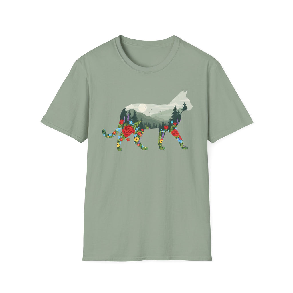 Cat Nature Silhouette T-Shirt — Floral Mountain Landscape Cat Tee