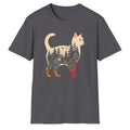 Gray t-shirt with a cat design featuring nature elements on a white background