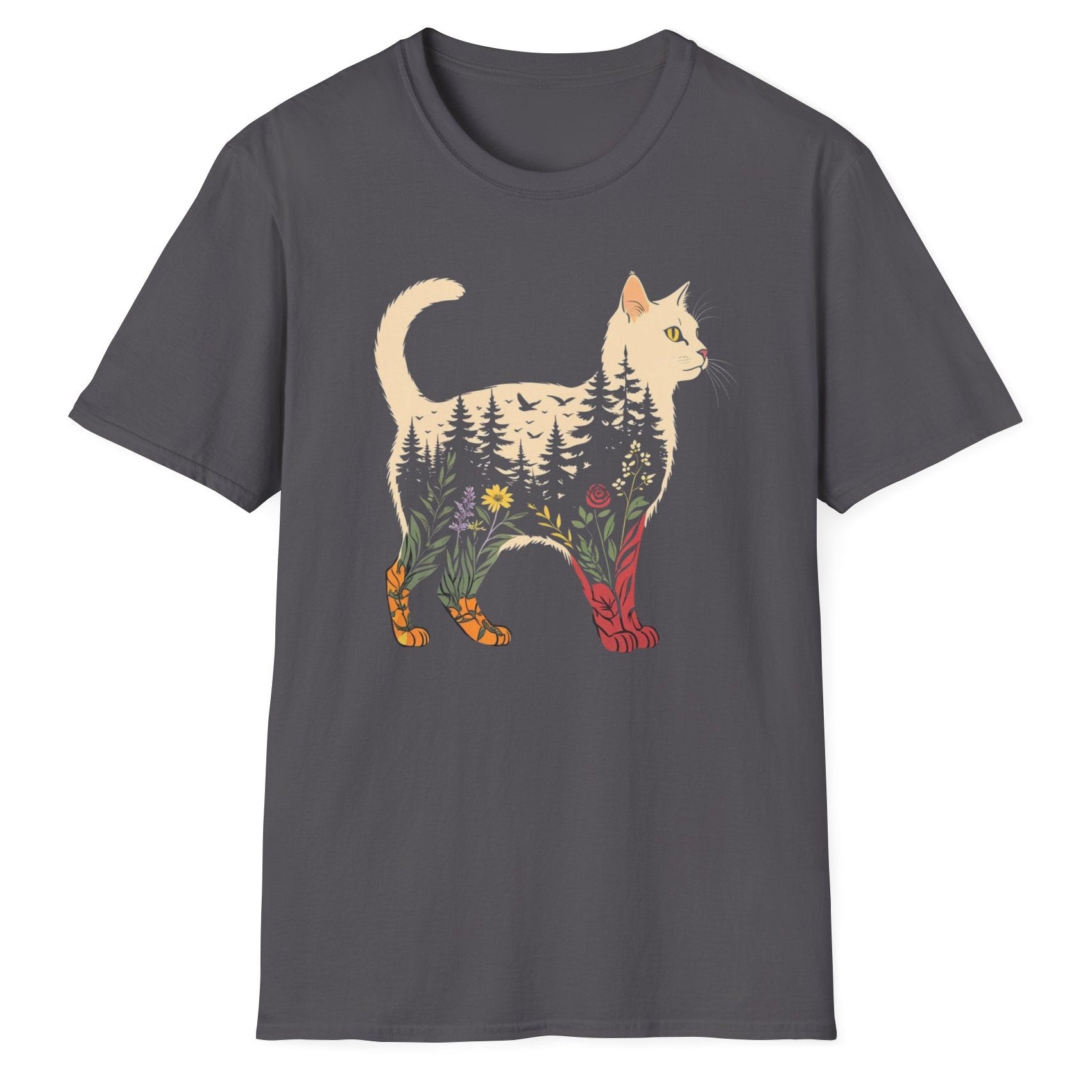 Gray t-shirt with a cat design featuring nature elements on a white background