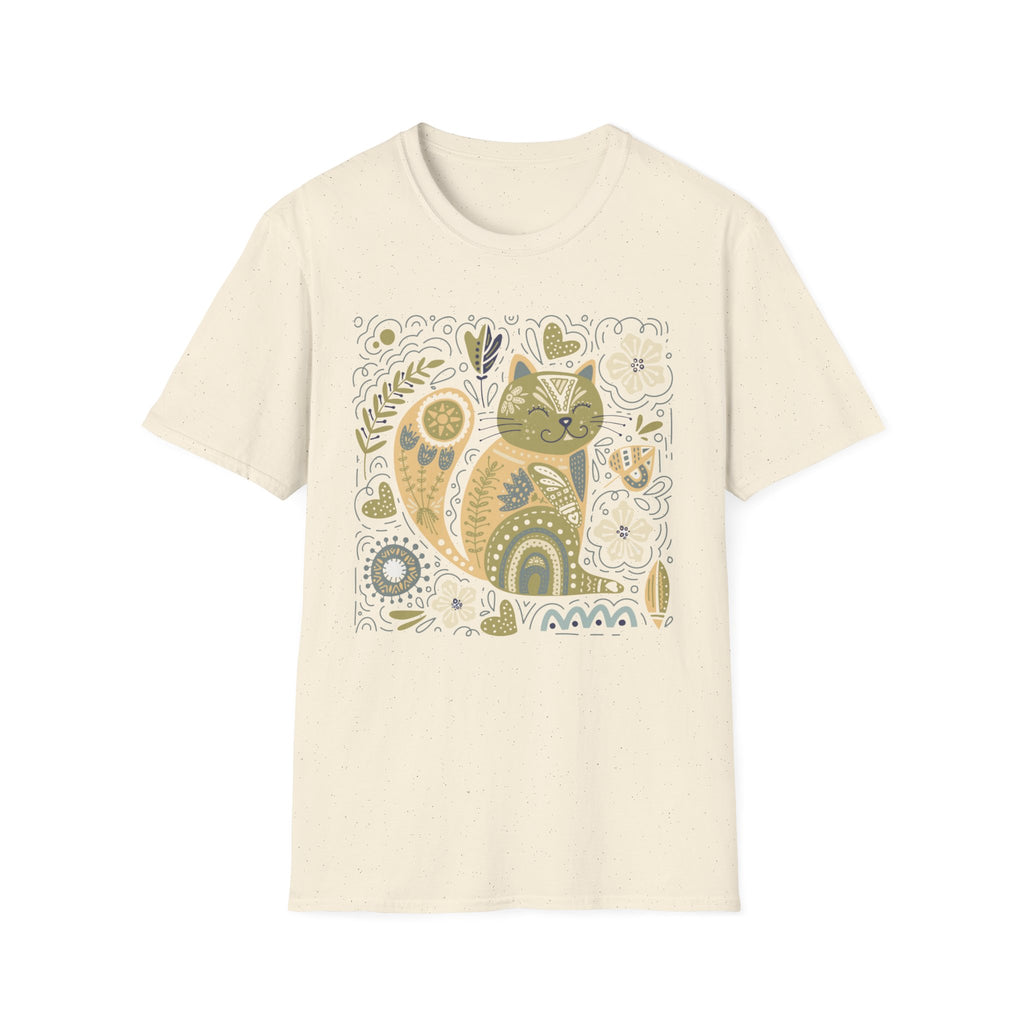 Folk Art Cat T-Shirt — Whimsical Floral Kitty Tee