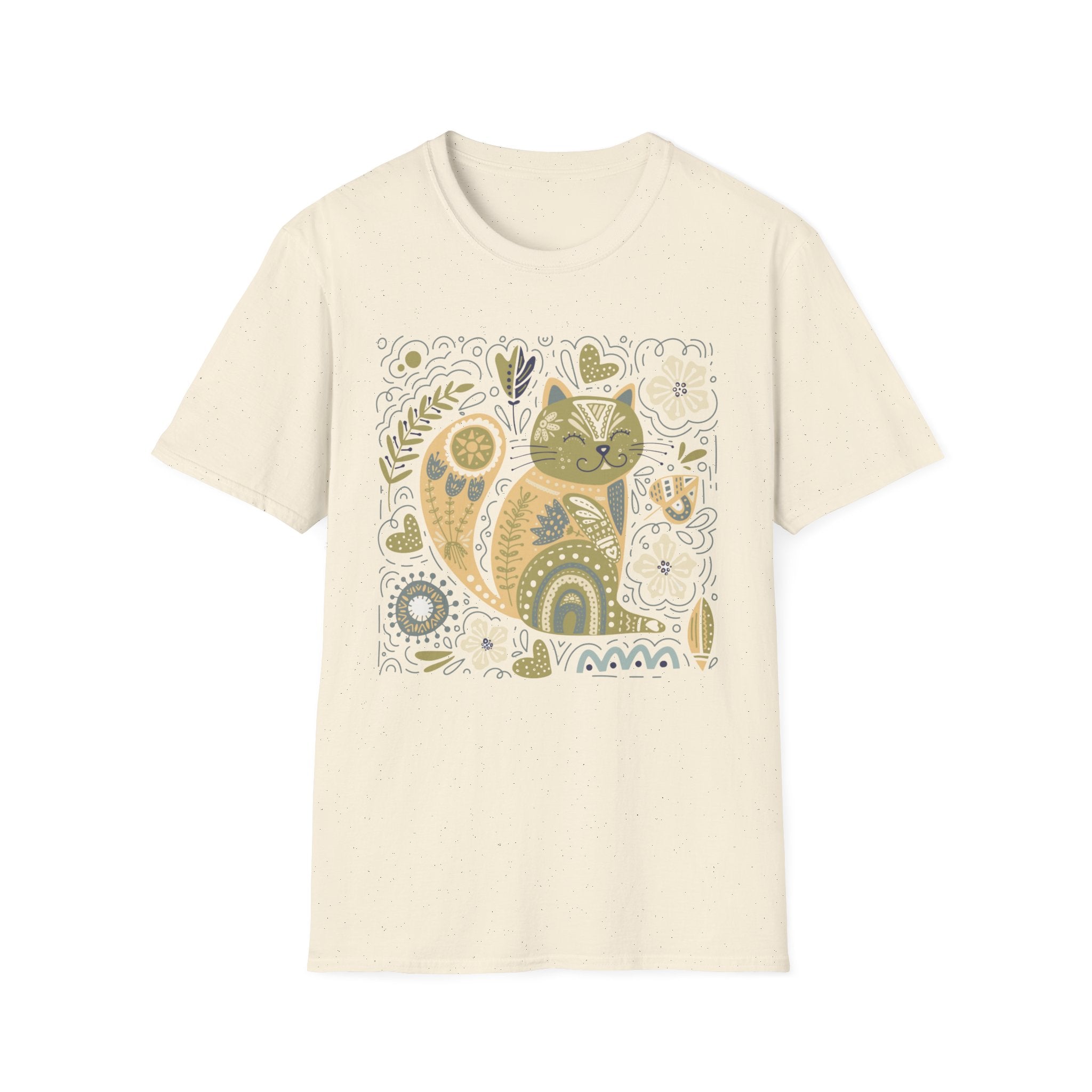 Folk Art Cat T-Shirt — Whimsical Floral Kitty Tee
