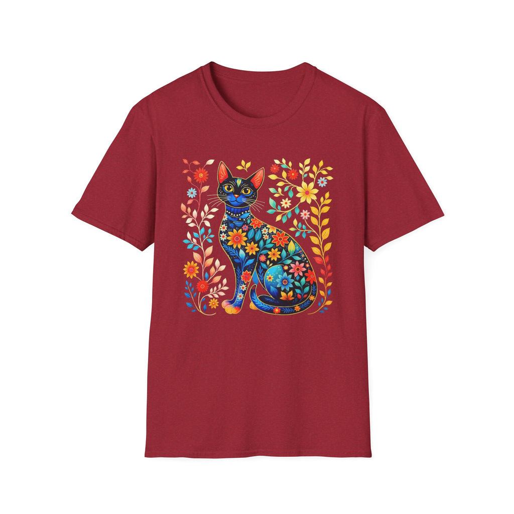 Floral Folk Art Cat T-Shirt — Colorful Boho Cat Tee