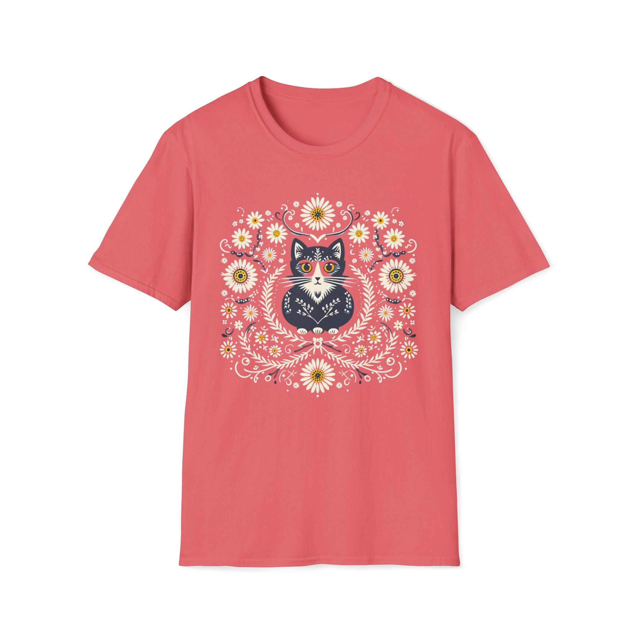 Cat Floral T-Shirt — Folk Art Kitty with Daisies