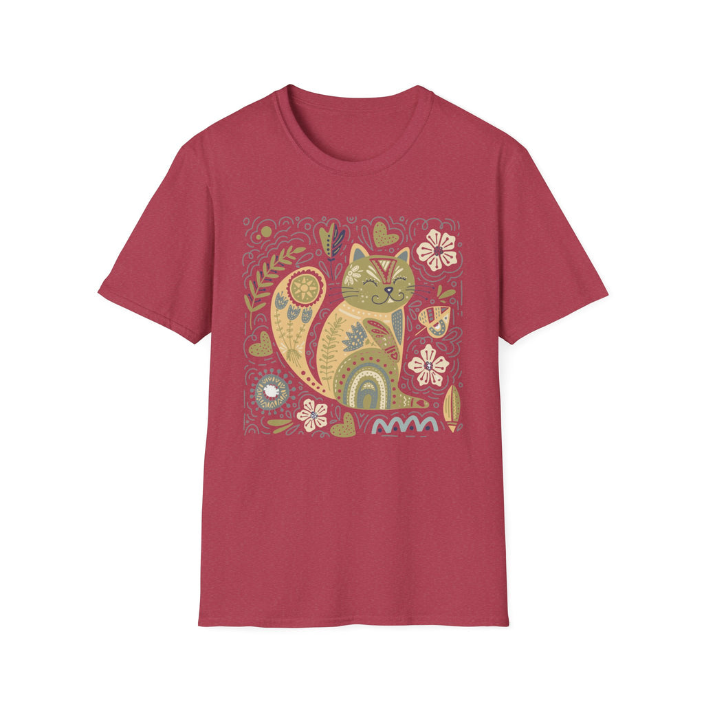 Folk Art Cat T-Shirt — Whimsical Floral Kitty Tee
