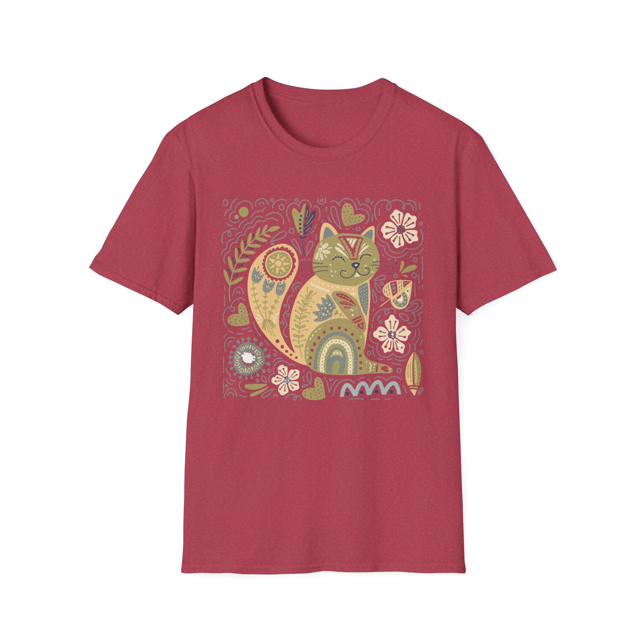 Folk Art Cat T-Shirt — Whimsical Floral Kitty Tee