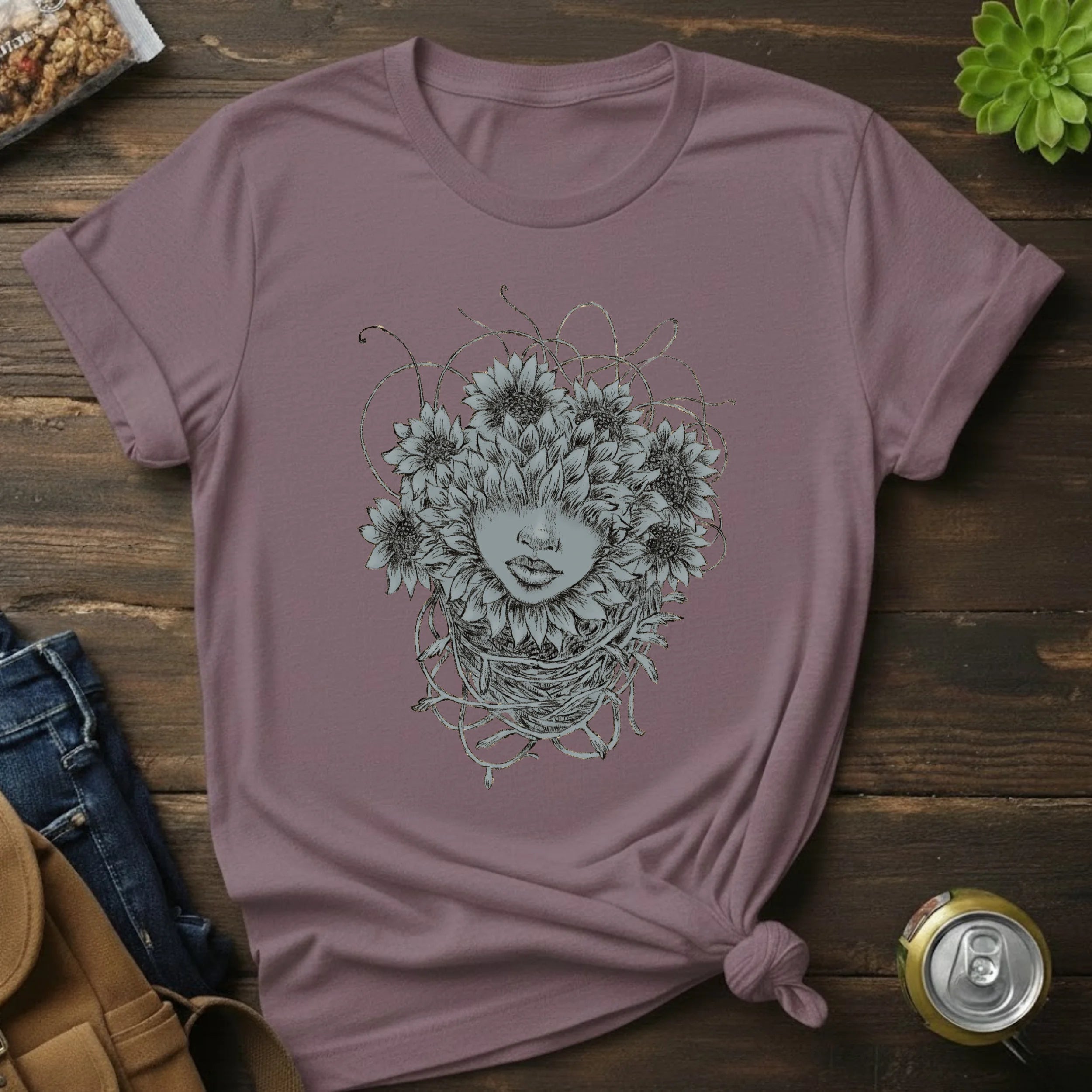 Floral Face Art T-Shirt — Botanical Woman Graphic Tee