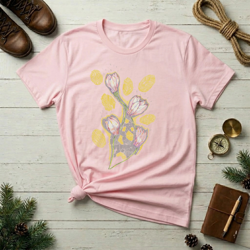 Floral Bouquet Tee — Pastel Tulip & Gold Leaf Graphic T-Shirt