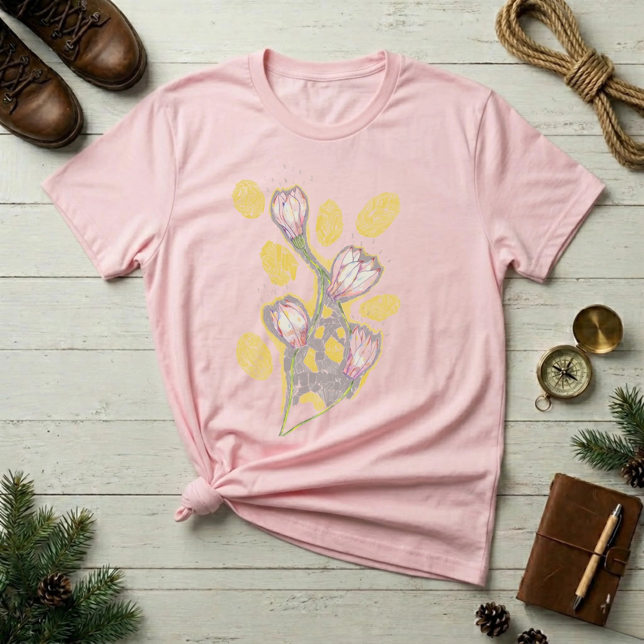 Floral Bouquet Tee — Pastel Tulip & Gold Leaf Graphic T-Shirt