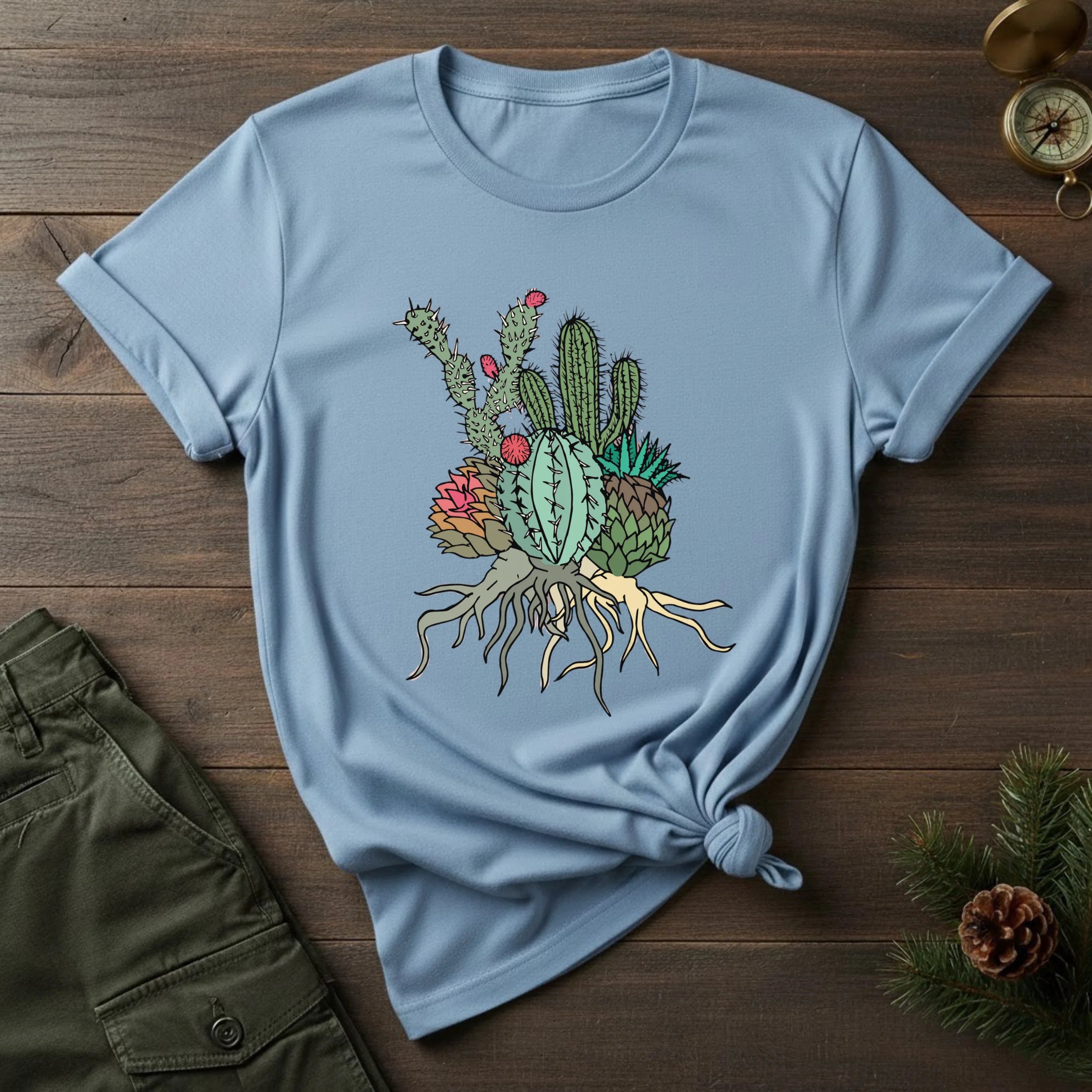 Cactus Cluster T‑Shirt — Botanical Succulent Illustration Tee